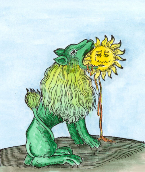 
Гравюра 18. О нашем Меркурии, зелёном льве, пожирающем Солнце. Иллюстрация из книги Адама Маклина “The Rosary of the Philosophers: Magnum Opus Vol. 6."