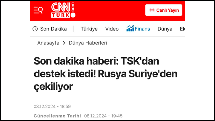    Турецкие СМИ пишут, что Москва обратилась к Анкаре с просьбой помочь безопасно вывести русские войска из Сирии//Скриншот страницы сайта CNN Türk