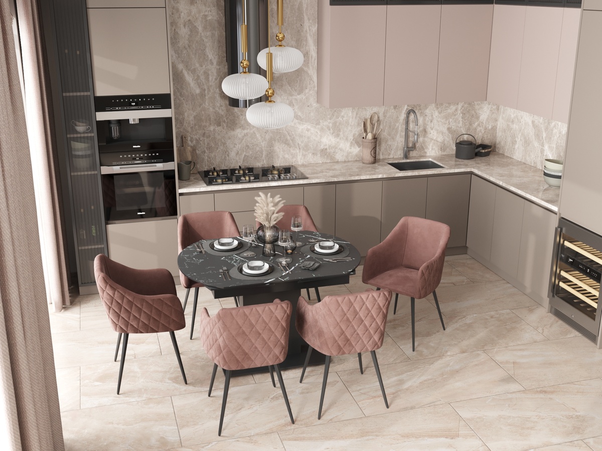 Стул Ника пыльно-розовый, Стол Хлоя 120-180х90 керамика темная, Светильник Moderli V10912-P Creamy