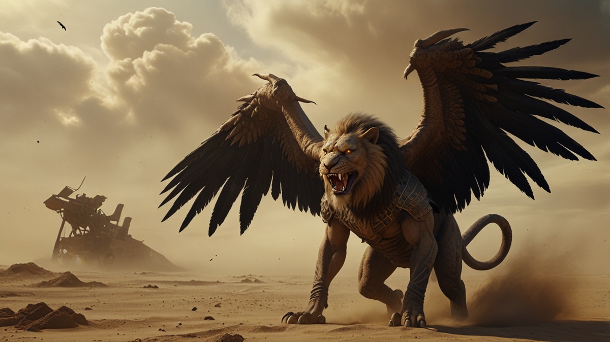 Пазузу, месопотамский демон ветра, с телом человека, головой льва, орлиными когтями, двумя парами крыльев