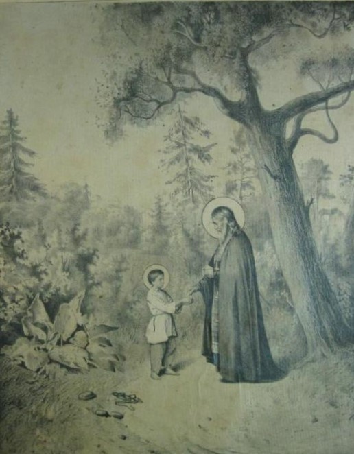 Старченков Иван Иванович. Литография. "Явление старца отроку Варфоломею".

1874 г.