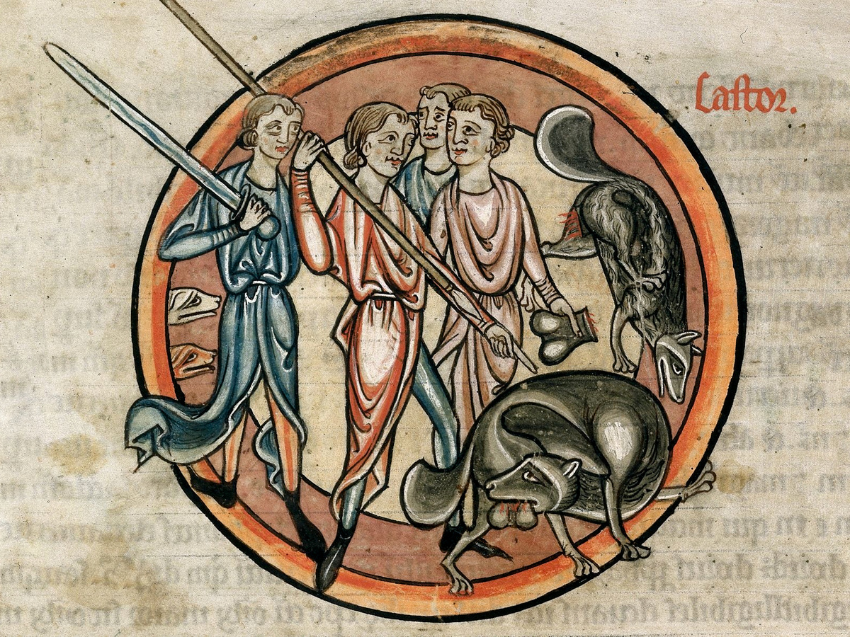 Фрагмент рисунка из Бестиария из Солсбери. На изображении видно, что охотник идёт буром на бобра, а тот добровольно избавляется от тестикул.