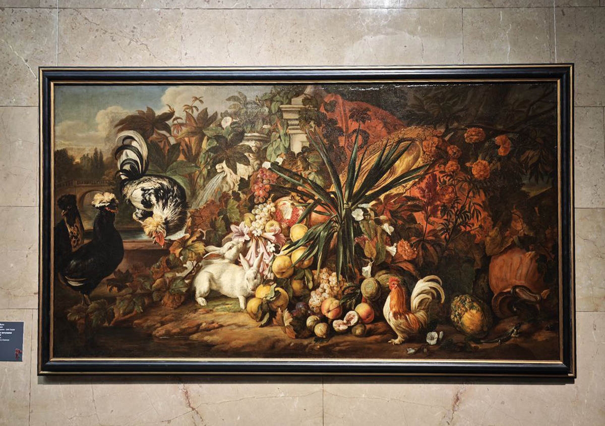 Натюрморт с петухами и кроликами. Ян Баптист Буль. 1680-е