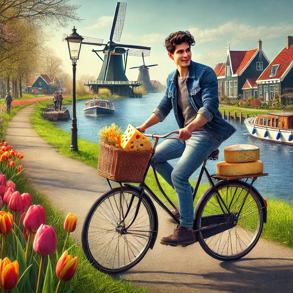 На фоне — традиционные ветряные мельницы, яркие поля тюльпанов и мельницы