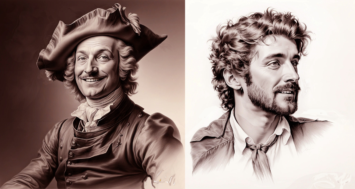 1) Барон Карл Фридрих Иероним фон Мюнхгаузен, ротмистр русской службы. 2) Командор Александр Иванович Сулакадзев, XIII класса титулярный советник. (Рисунки А. И. Асова)