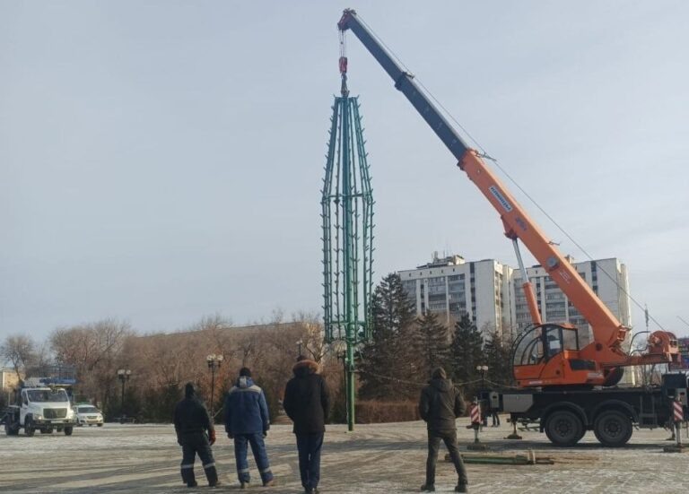   В Оренбурге устанавливают новогоднюю ёлку в сквере имени Гагарина Оренбуржье
