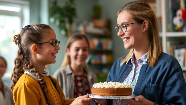 Можно ли представить, чтобы через пару секунд этот торт полетел в лицо учительницы? Шедеврум тоже не может представить себе такого.