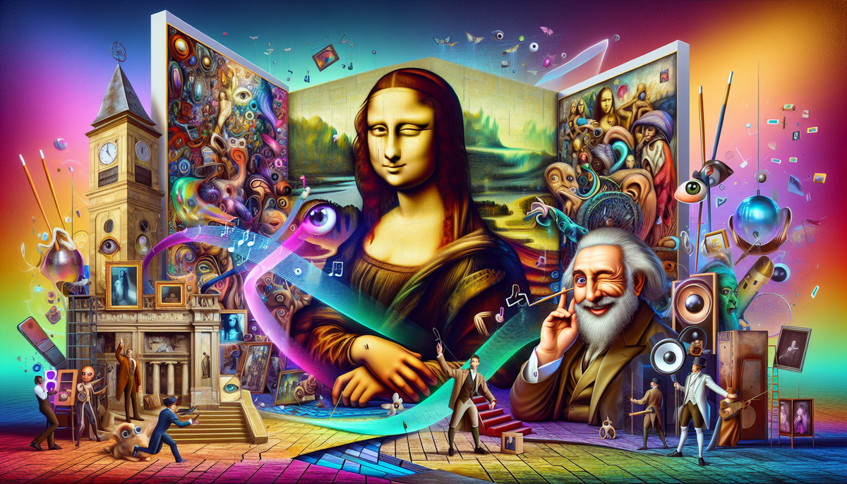 Это изображение создает игривую и воодушевляющую атмосферу, сочетая классическое искусство и современные технологии.