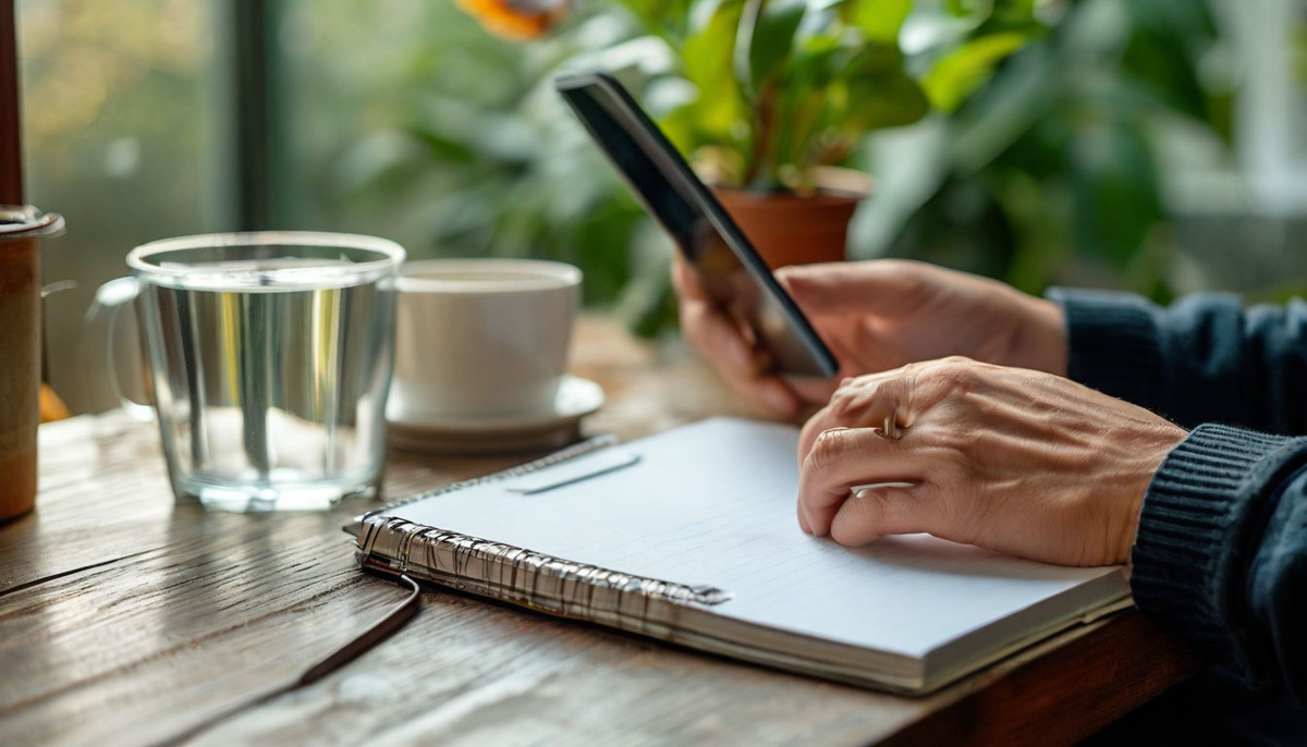 Фото рук, отпускающих смартфон на стол и берущихся за чашку воды или утренний блокнот для записи мыслей.