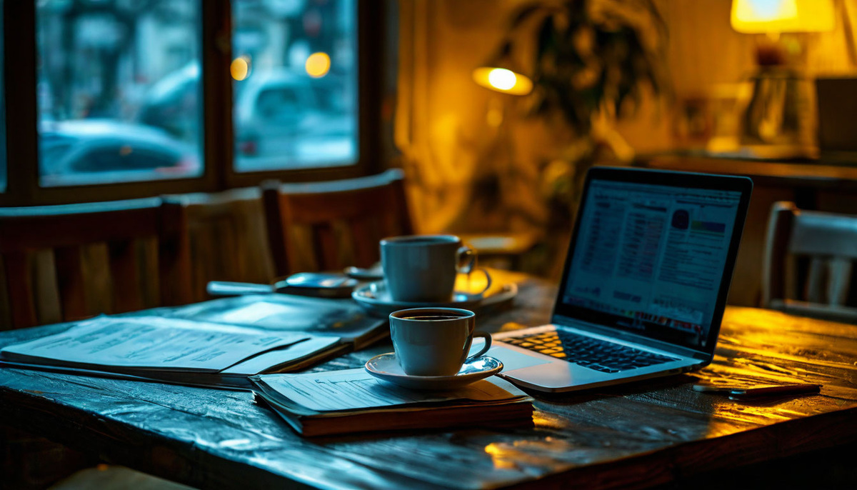 Фото стола с отчётами, ноутбуком и чашкой кофе, с пустыми стульями или тусклым светом в комнате, что символизирует внутреннюю пустоту.