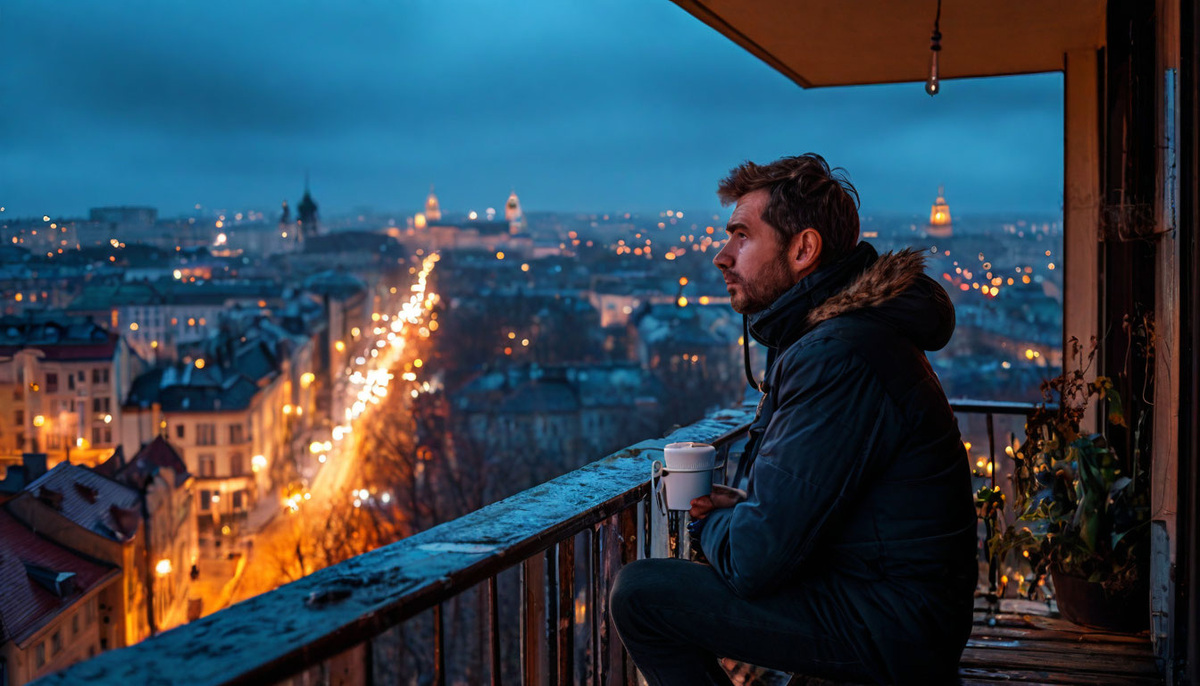 Фото человека, сидящего на балконе с чашкой кофе, задумчиво глядящего на природу или ночной город.