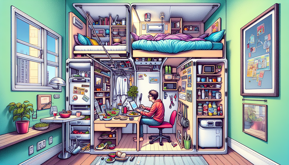 Забавный интерьер крошечной, ультра-компактной квартиры. На картинке показан человек, который одновременно готовит на раскладной кухне, работает на ноутбуке, балансируя его на коленях, и тянется к чему-то в трансформирующемся комоде-кровати.