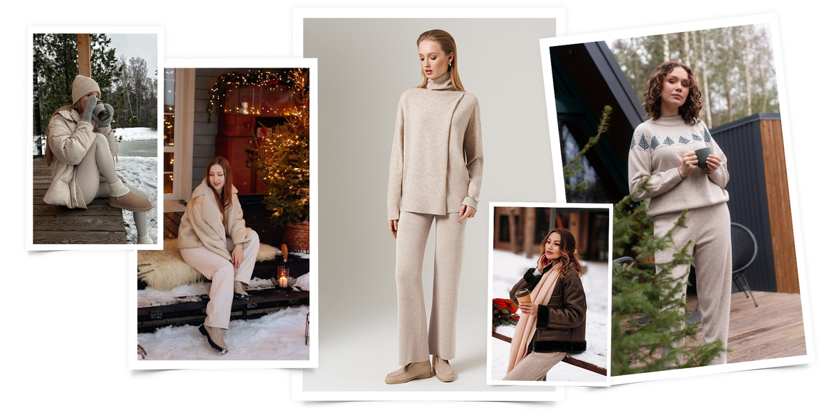 Идеи и образы для фотосессии за городом. На фото модели NELVA: Свитер, арт. 23172 (серо-бежевый меланж), свитер арт. 23116 (серо-бежевый меланж), брюки, арт. 31112 (серо-бежевый меланж). 