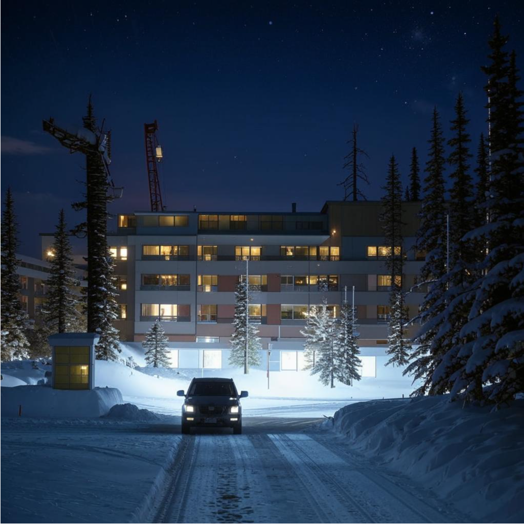 Подозрительная машина возле гостиницы, где остановились на ночлег Эндрю Блэквуд и Софи Мэй. Создано нейросетью Кандинский.   