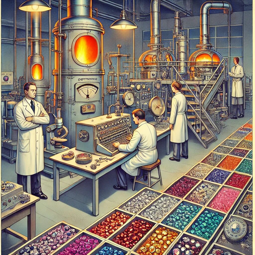 старинное оборудование, яркие печи и разноцветные камни на лотках, отражающие атмосферу технического прогресса