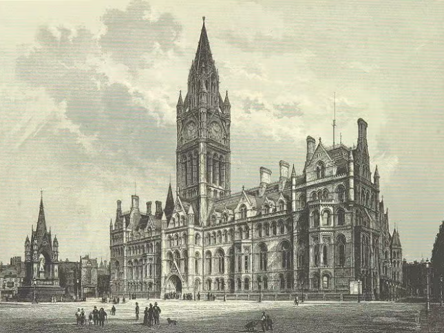 Манчестерская ратуша. Возведена в 1877 году архитектором Альфредом Уотерхаусом в неоготическом стиле. Фото Британской библиотеки (Wikimedia Commons)