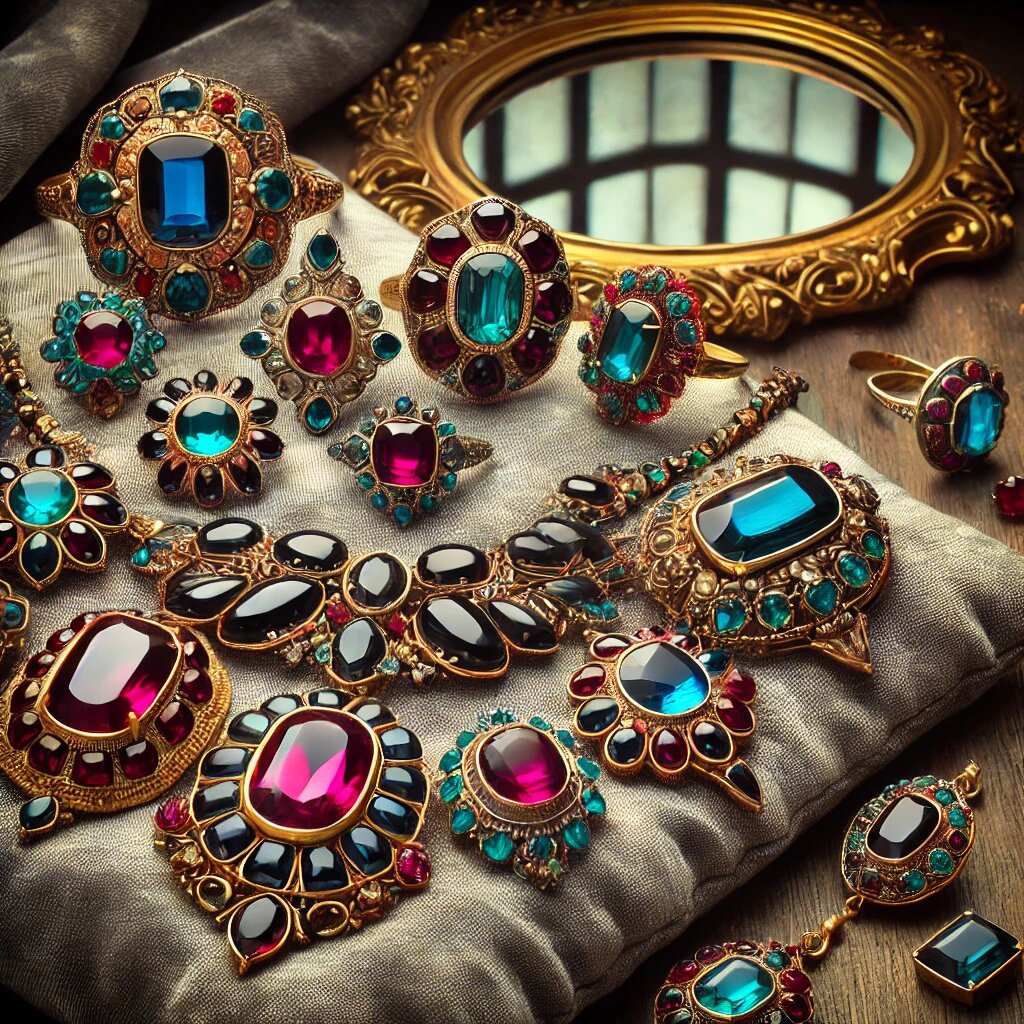 Художественное изображение винтажных советских ювелирных изделий с синтетическими корундами.