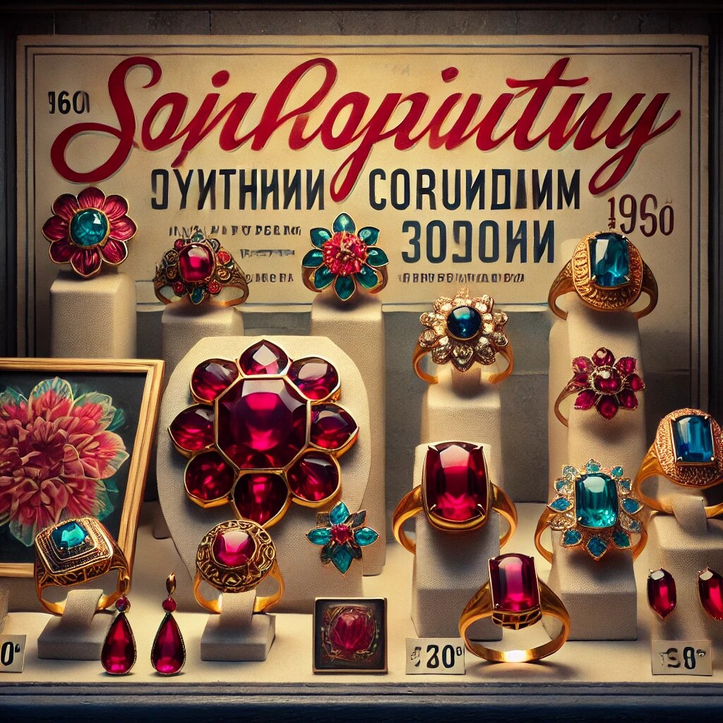  витрина 1960-х годов с украшениями из синтетических корундов — кольцами, серьгами и кулонами.