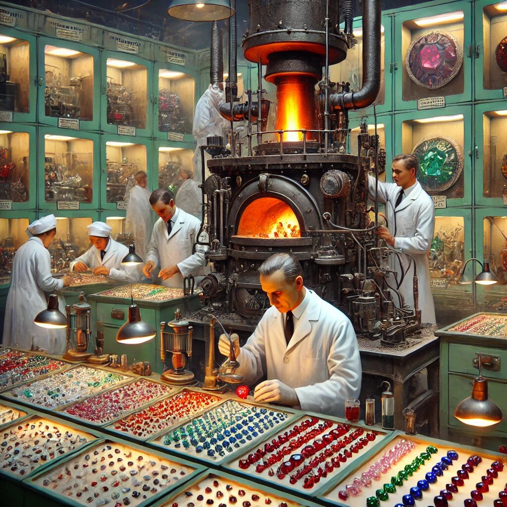 лаборатория 1960-х годов, где ученые в белых халатах работают над созданием синтетических драгоценных камней