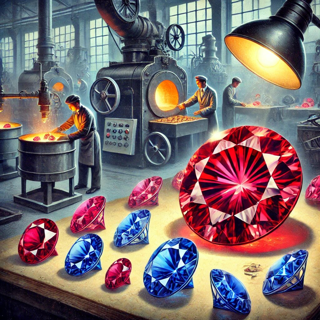 На рабочем столе – рубиново- и сапфирово-подобные корунды, окруженные старинным оборудованием