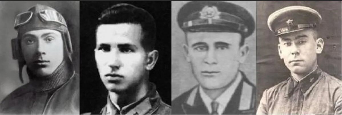 Экипаж Гастелло. Слева - направо: Гастелло Н.Ф., Бурденюк А.А., Скоробогатый Г.Н., Калинин А.А.