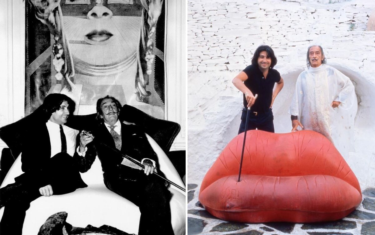Сальвадор Дали и Оскар Таскетс представили диван Saliva Sofa в парижском отеле Meurice в 1973 году, они же с одним из четырех прототипов дивана Saliva в Кадакесе в 1974.