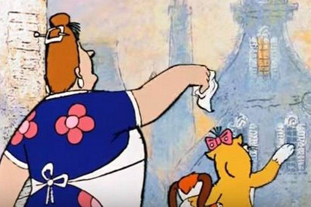 Тифлокомментарий. Картинка из мультфильма про Карлсона. Фрекен Бокк и кошка машут в окно улетевшему Карлсону