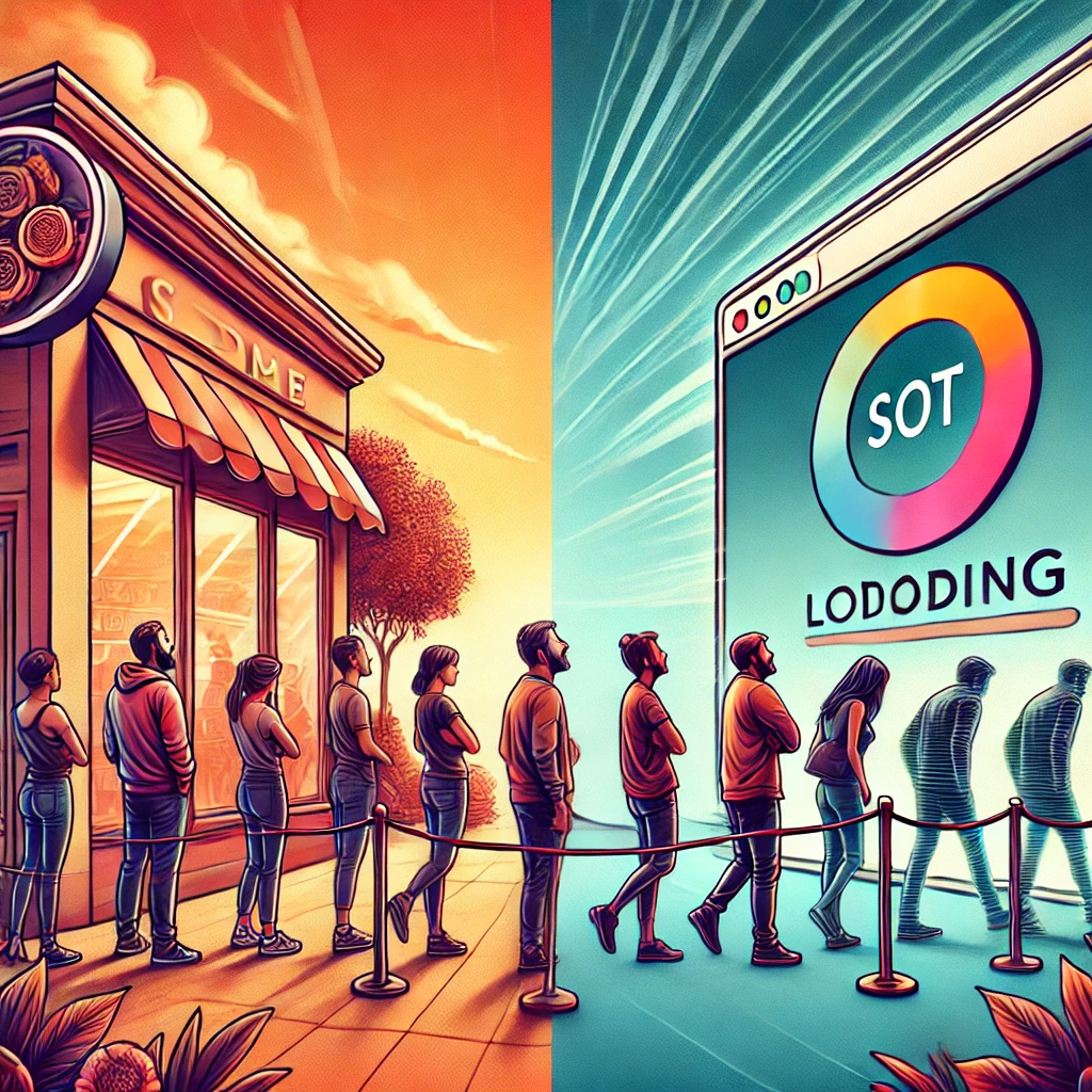 иллюстрирующее контраст между очередью в физическом магазине, из которого уходят недовольные клиенты, и медленным сайтом, теряющим посетителей