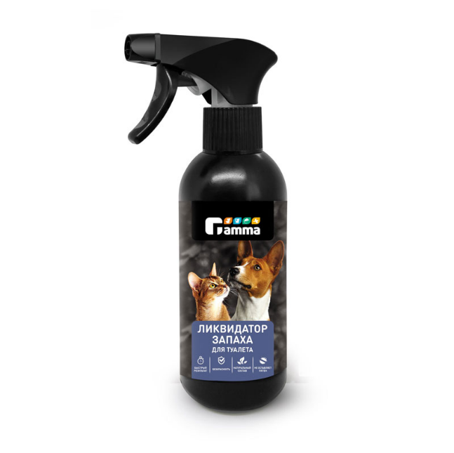 На фото – спрей-ликвидатор запаха для туалета Gamma. Спрей предназначен для маскировки неприятных запахов, свойственных животным