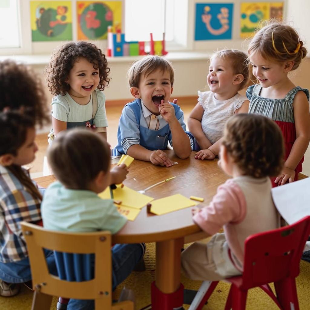 Группа детей в детском саду, взаимодействующих друг с другом