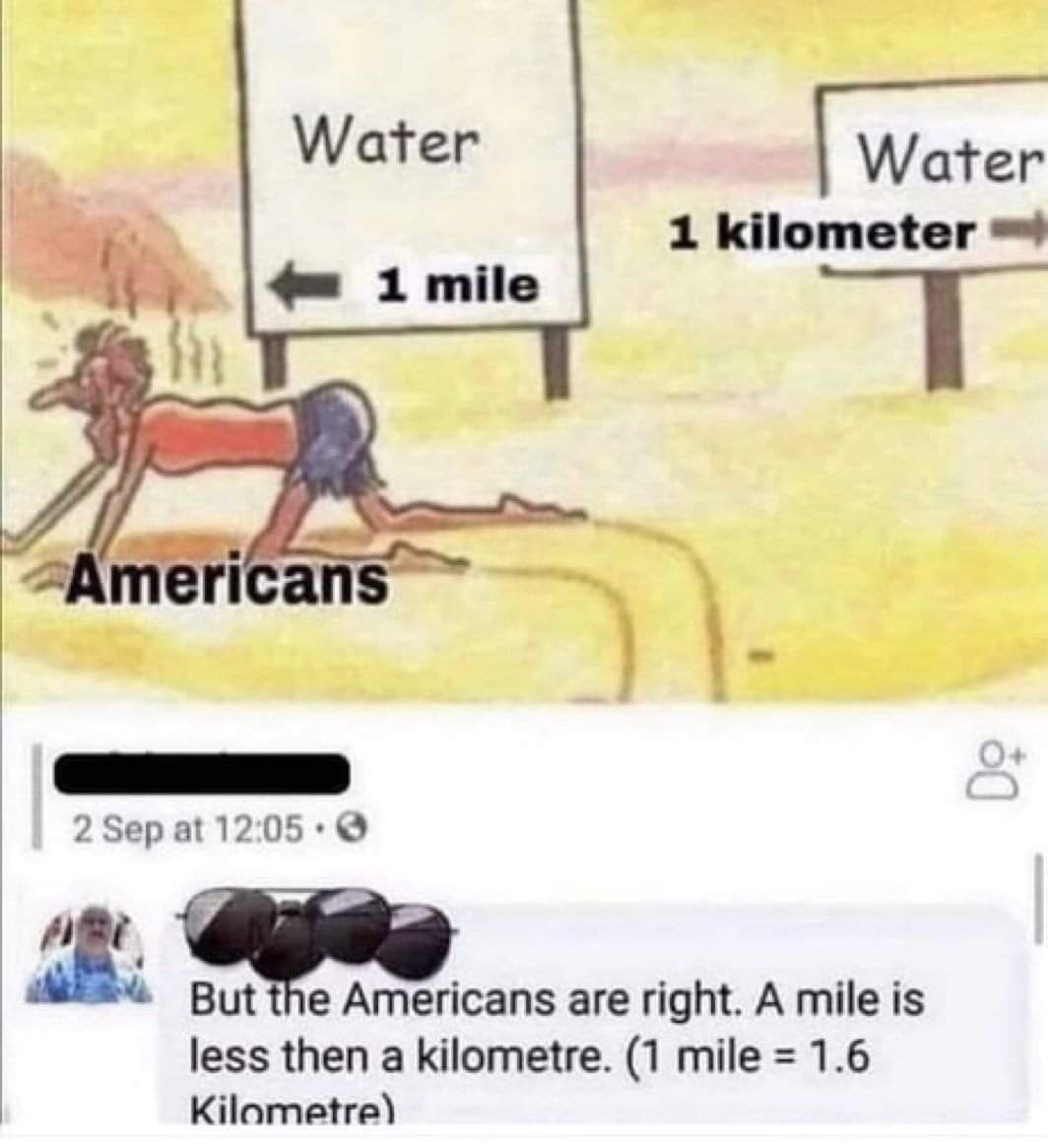 Карикатура по Задорнову. Забавная сама картинка, но комментарий очень характерный, он говорит о уровне образования. Перевод — американец прав, ведь миля меньше чем киллометр (1 миля = 1, 6 км)