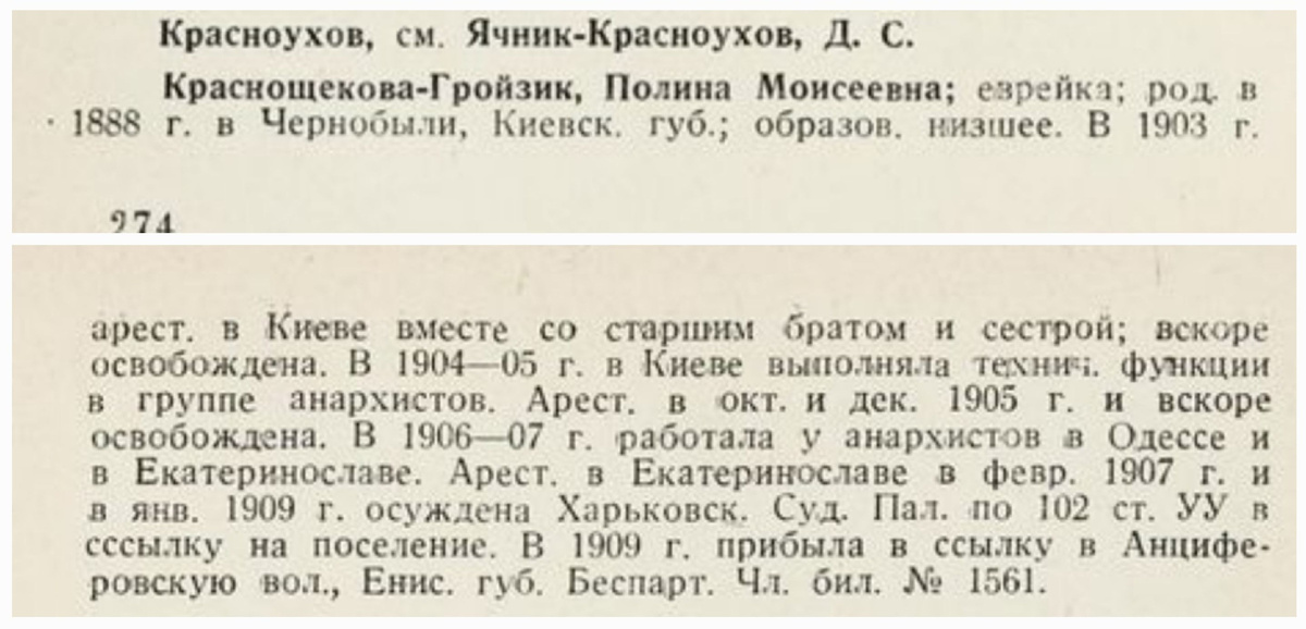 Биография Полины Моисеевны Краснощековой-Гройзик.Биографический справочник членов об-ва политкаторжан и ссыльно-поселенцев " Политическая каторга и ссылка". М.-1929, стр.274- 275.