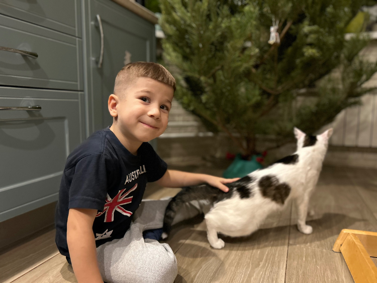 Поставили елочку, но пока не нарядили. Кот сбегает от младшенького :) зато можно увидеть сердечко на боку у Финдуса 🖤