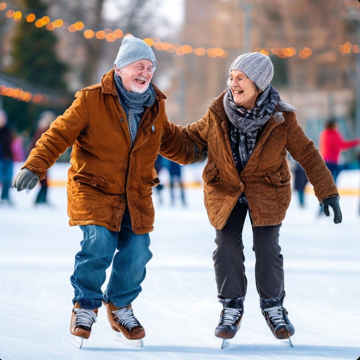 Картинка по запросу "муж и жена на катке катаются под весёлую музыку" создана нейросетью Шедеврум.