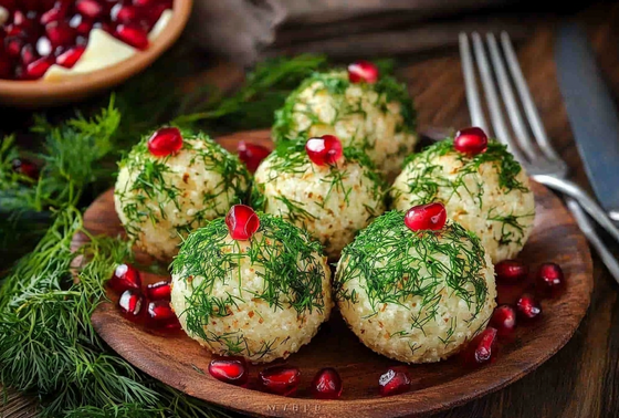    Шарики из сыра в зелени с гранатом