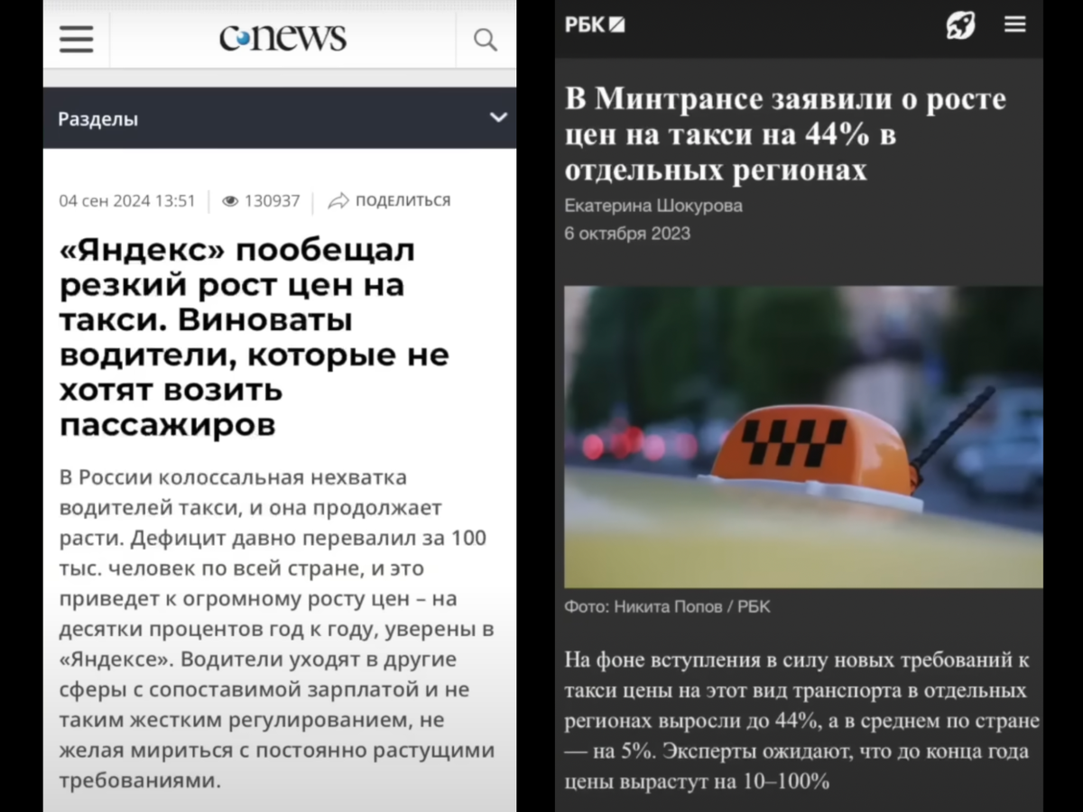 Новости авторитетных изданий CNews.ru и РБК о подорожании такси в России  