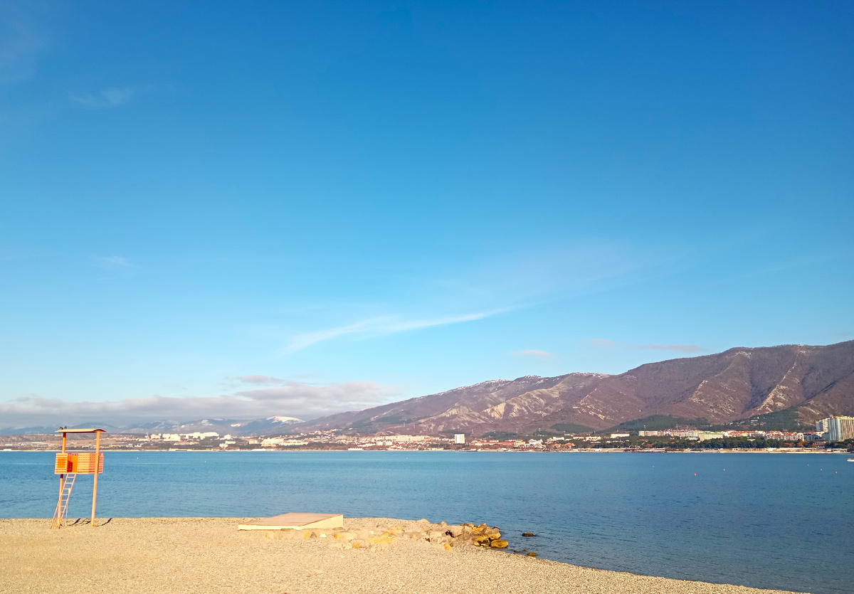 Чёрное море, Геленджик, пляж, горы, бухта
