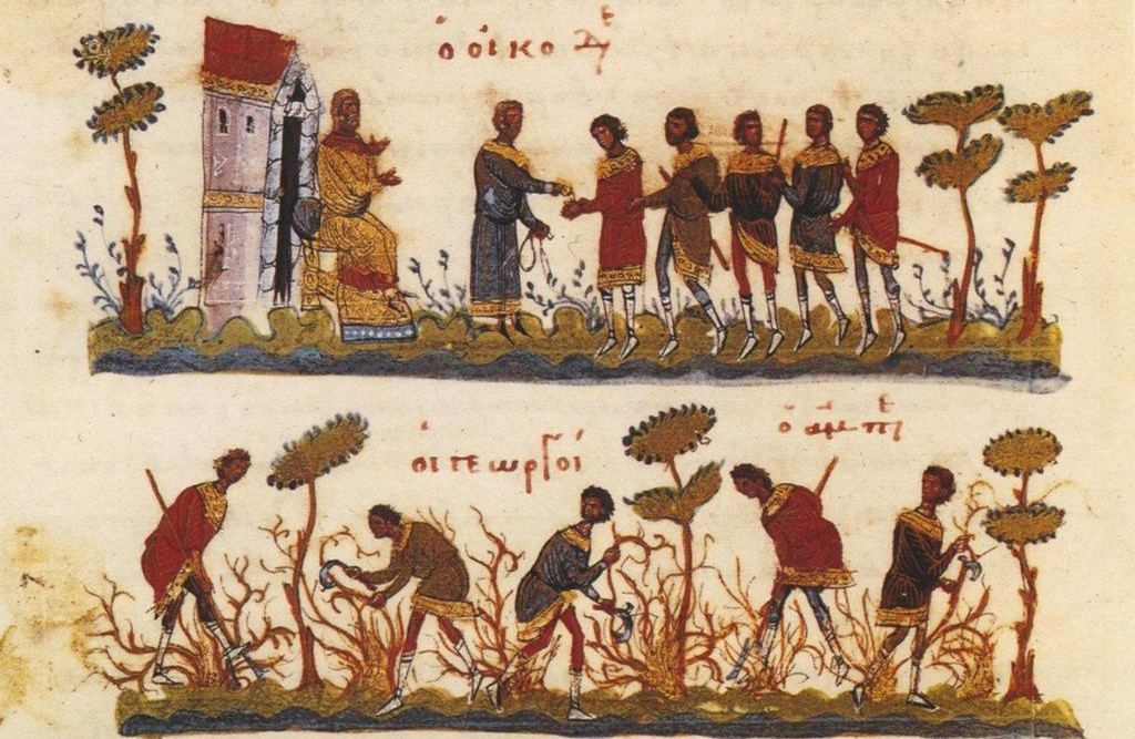 Сцены крестьянской жизни. Миниатюра византийского Евангелия XI в.