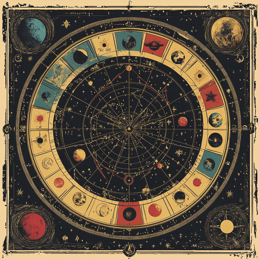 Иллюстрация, показывающая натальную карту (секторы, планеты, знаки зодиака).
