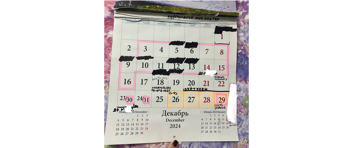 Мой любимый календарь на стене, куда я все записываю.