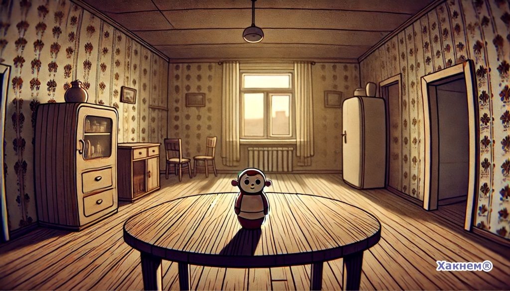 Одинокий неваляшка на деревянном столе в комнате советской семьи.