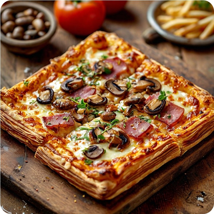 Пицца с ветчиной и грибами на готовом слоеном тесте