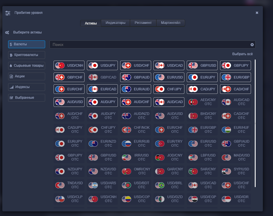Активы для этой стратегии