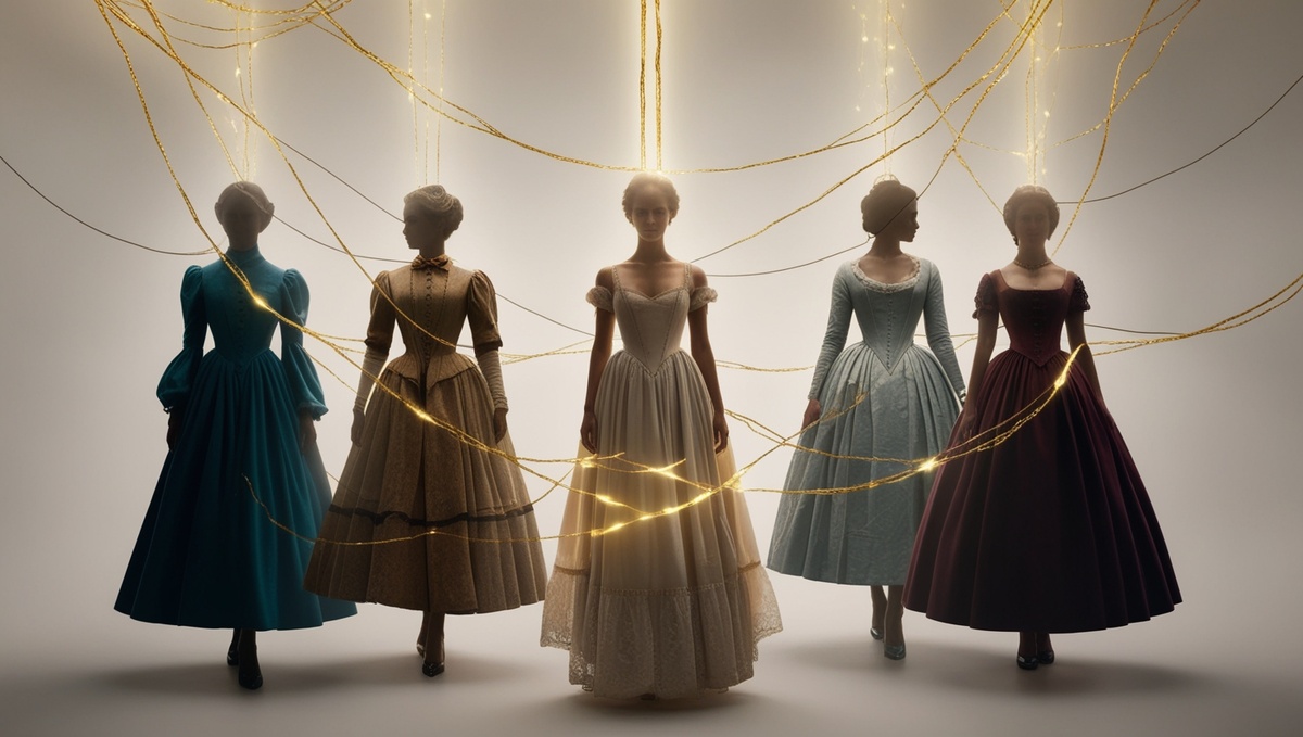 "Силуэты одной женщины из разных эпох, связанные золотыми нитями. Визуализация связи между прошлыми воплощениями