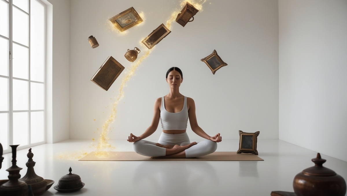 Женщина в медитации, окруженная растворяющимися в золотом свете предметами прошлого. Иллюстрация процесса очищения пространства жизни