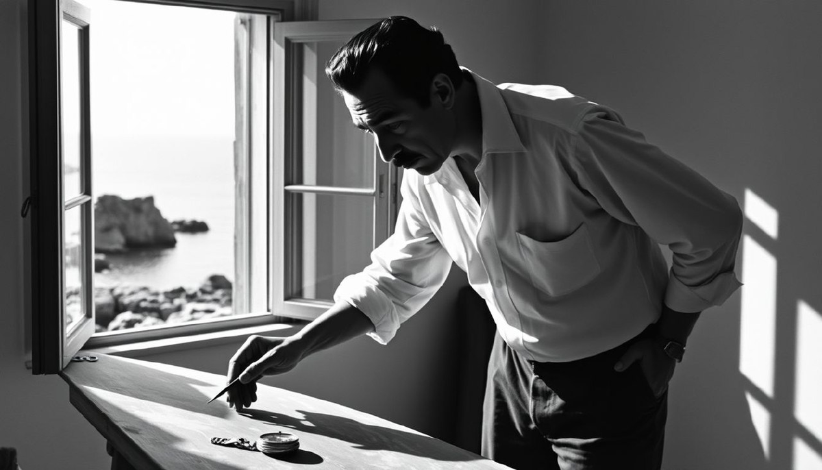 Сальвадор Дали в своей мастерской в Порт-Льигат склонился над холстом