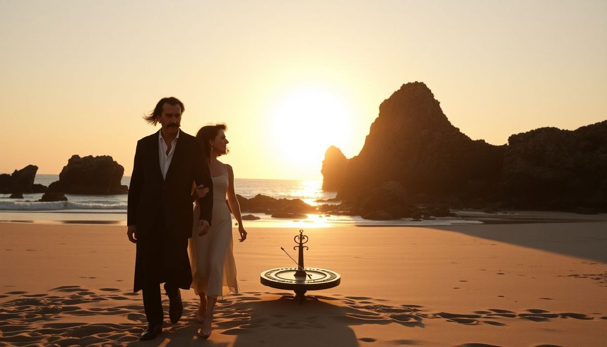 Дали и Гала идут по берегу на закате. Художник готовится к съёмке референсов для картины.