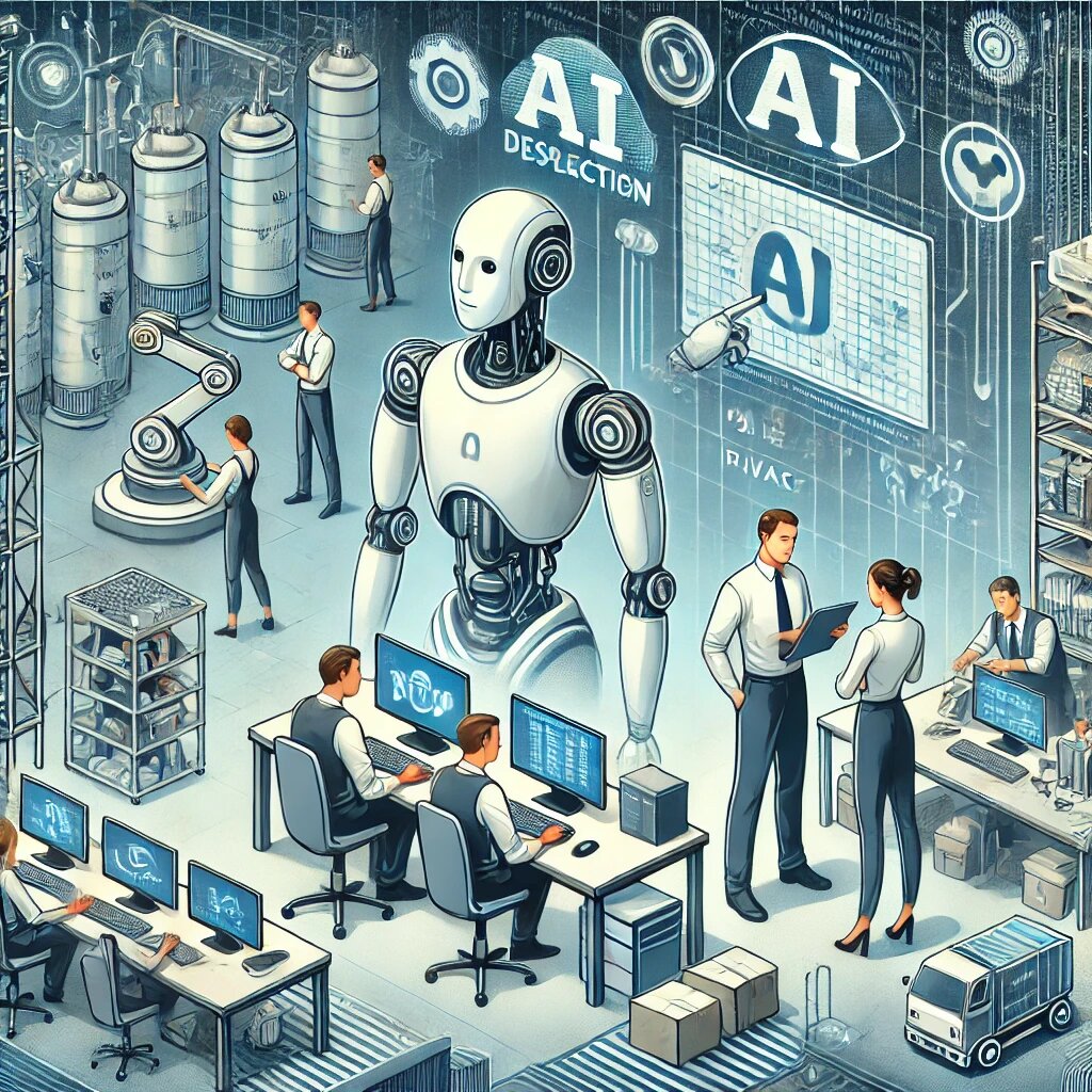 Here is the generated image based on the theme of AI and automation in the workplace. It visually represents the ethical dilemmas of job displacement, privacy, and fairness, with a futuristic atmosphere featuring both human workers and robots collaborating. Let me know if you'd like any modifications!