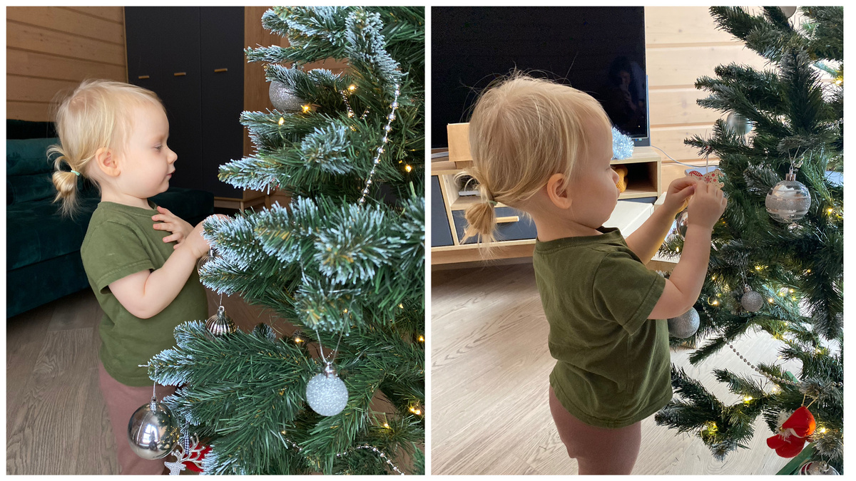 Елка, задаренные шары, дверной медведь и елочный медведь (дочь утверждает, что там  берлога и он спит)