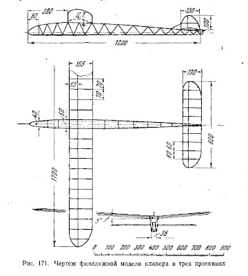 Чертеж фюзеляжной модели планера в трек проекциях